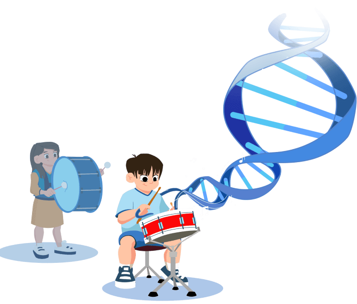 Young child playing the snare drum with DNA strand stemming from their hand with their friend without Duchenne playing a bass drum