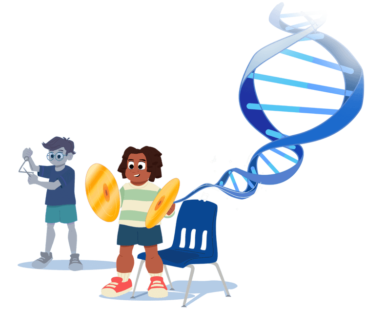 Young child playing symbols with DNA strand stemming from their hand with their friend without Duchenne playing triangle