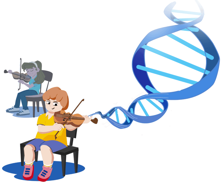 Young child playing violin with DNA strand stemming from their hand with their friend without Duchenne playing violin