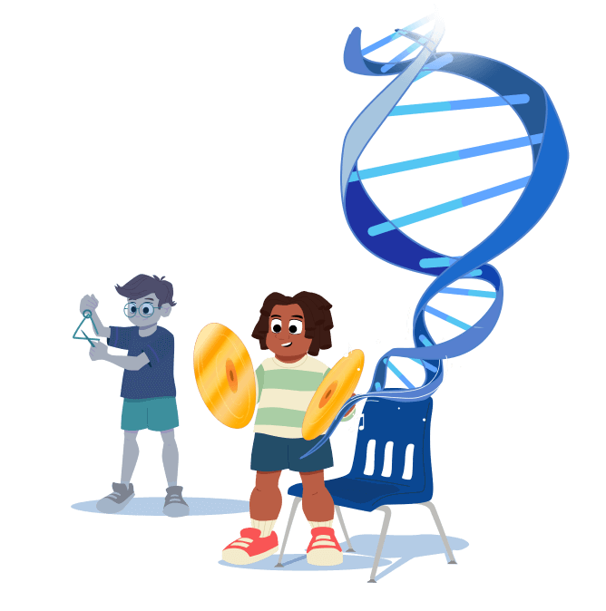 Young child playing symbols with DNA strand stemming from their hand with their friend without Duchenne playing triangle