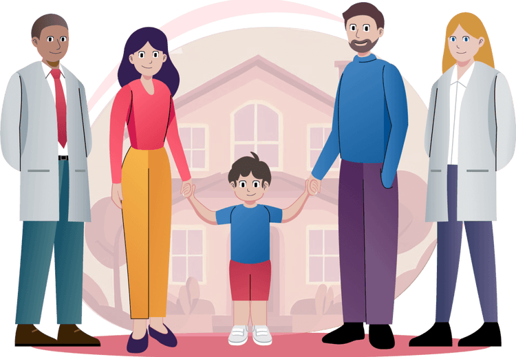 Child holding hands with their parents and standing with care team