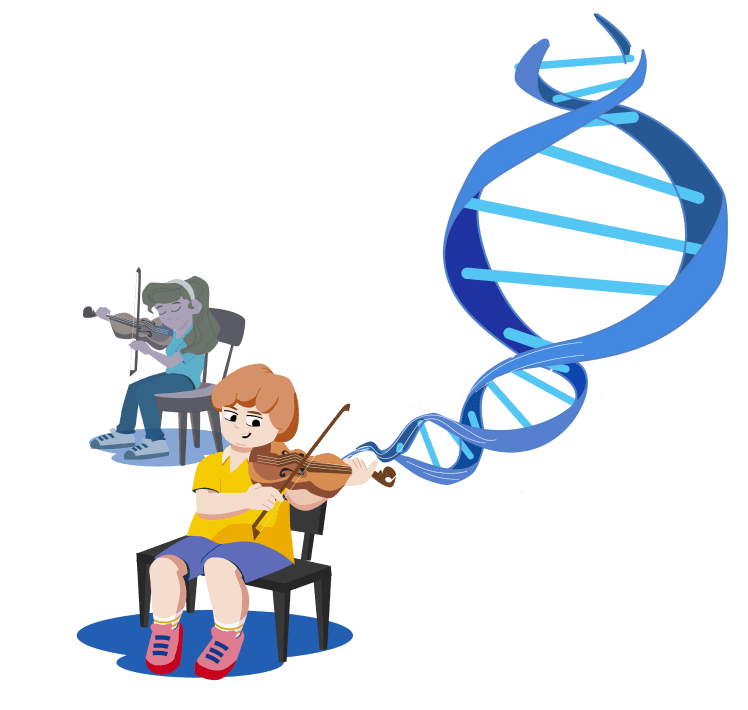 Young child playing violin with DNA strand stemming from their hand with their friend without Duchenne playing violin