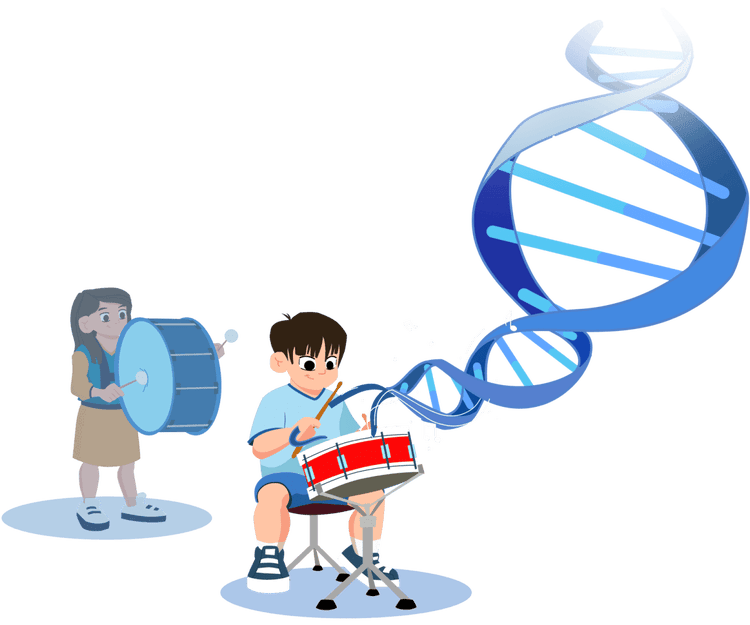 Young child playing the snare drum with DNA strand stemming from their hand with their friend without Duchenne playing a bass drum